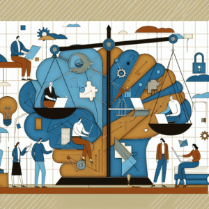 Illustration symbolique d'une IA éthique encadrée par des humains dans un environnement d'assurance.