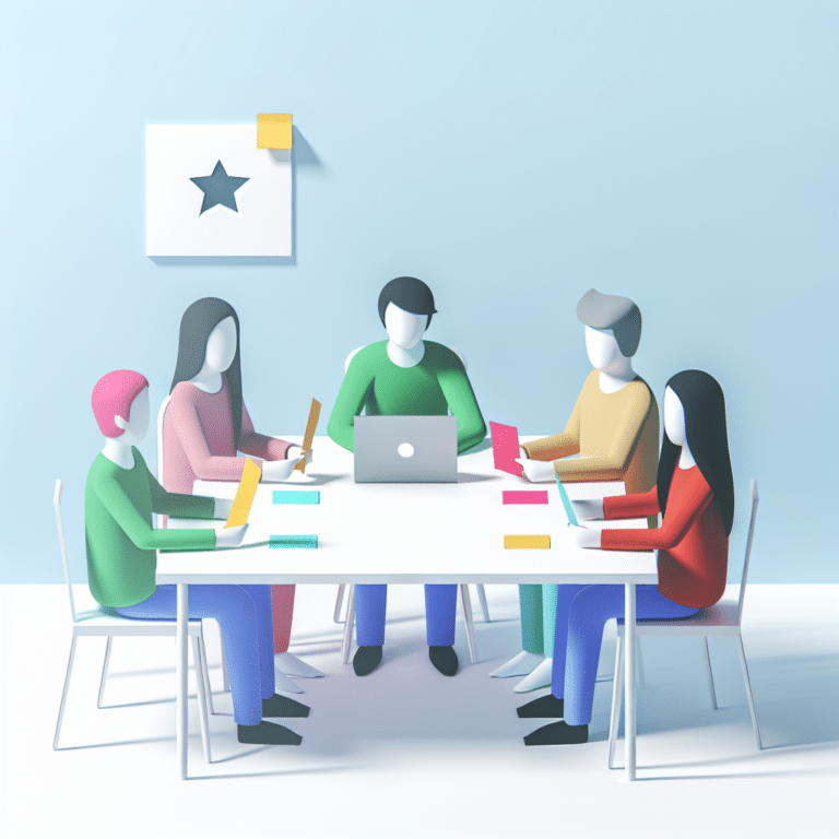 Illustration stylisée d'un processus collaboratif sans manager ni hiérarchie visible, montrant une équipe qui conçoit ensemble un produit numérique.