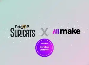 Capture d’écran d’un scénario Make.com connectant Slack, Google Sheets et WordPress avec génération IA automatique.