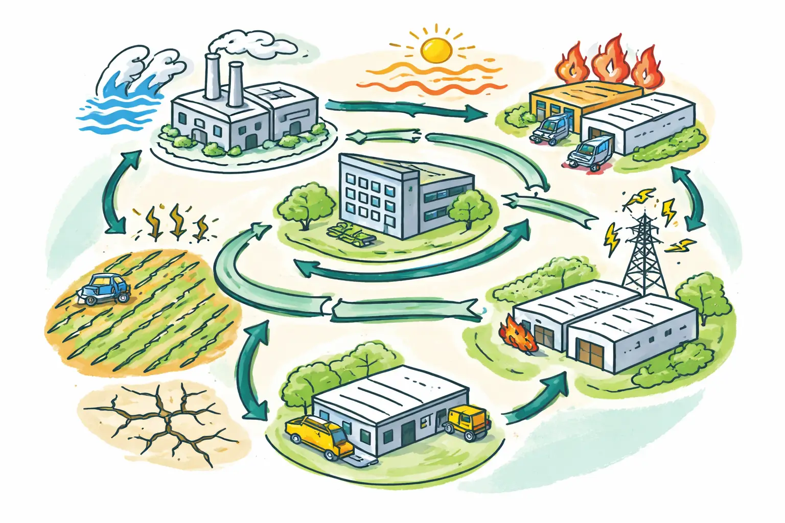 Illustration schématique montrant un territoire d’entreprise exposé à divers aléas climatiques et interconnexions.