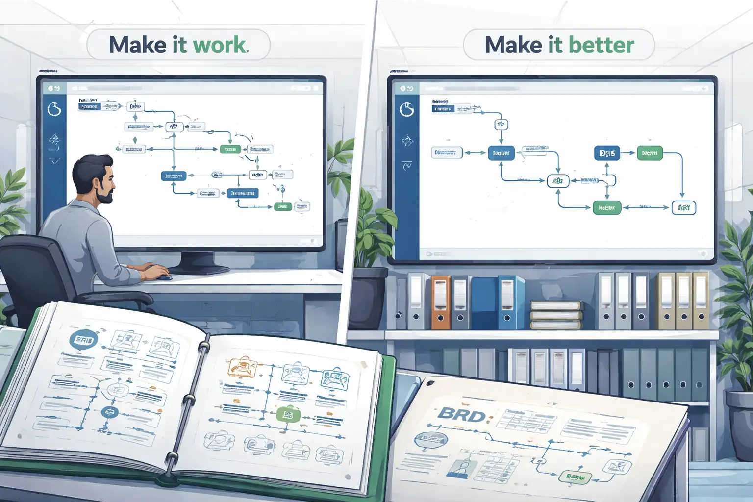 Illustration du cycle make it work then make it better avec BRD et diagrammes d’architecture.