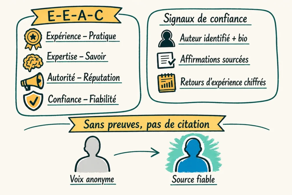 Infographie montrant comment le cadre E-E-A-T et la preuve nourrissent la confiance des IA.