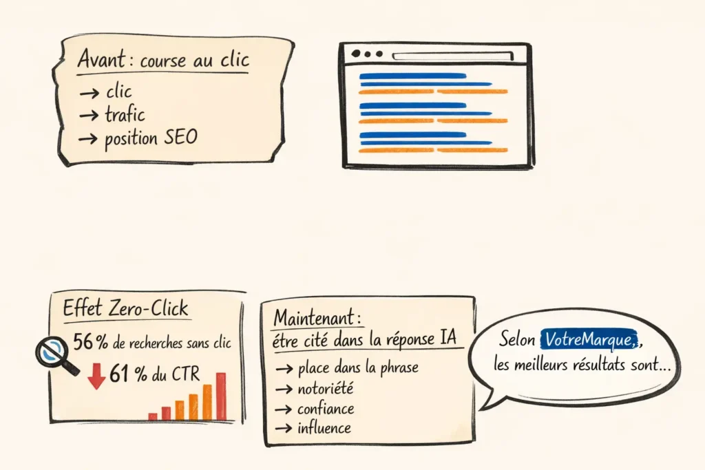Infographie illustrant le passage du SEO centré sur le clic au GEO centré sur la citation.
