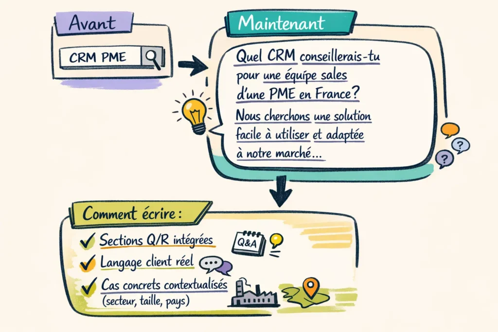 Infographie opposant les anciennes requêtes courtes aux questions complètes optimisées pour AEO et GEO.