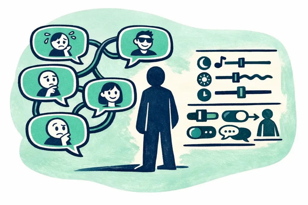 Designer orchestrant des bulles de conversation symbolisant des interactions entre utilisateurs et IA.