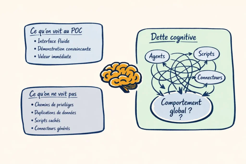 Infographie illustrant la dette cognitive créée par les agents IA et le vibe coding.